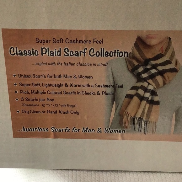 Scarves! Three-New in Box- Unisex.72x12” Cashmere Feel,Blk,Wht and aTan Plaid. - Picture 4 of 4